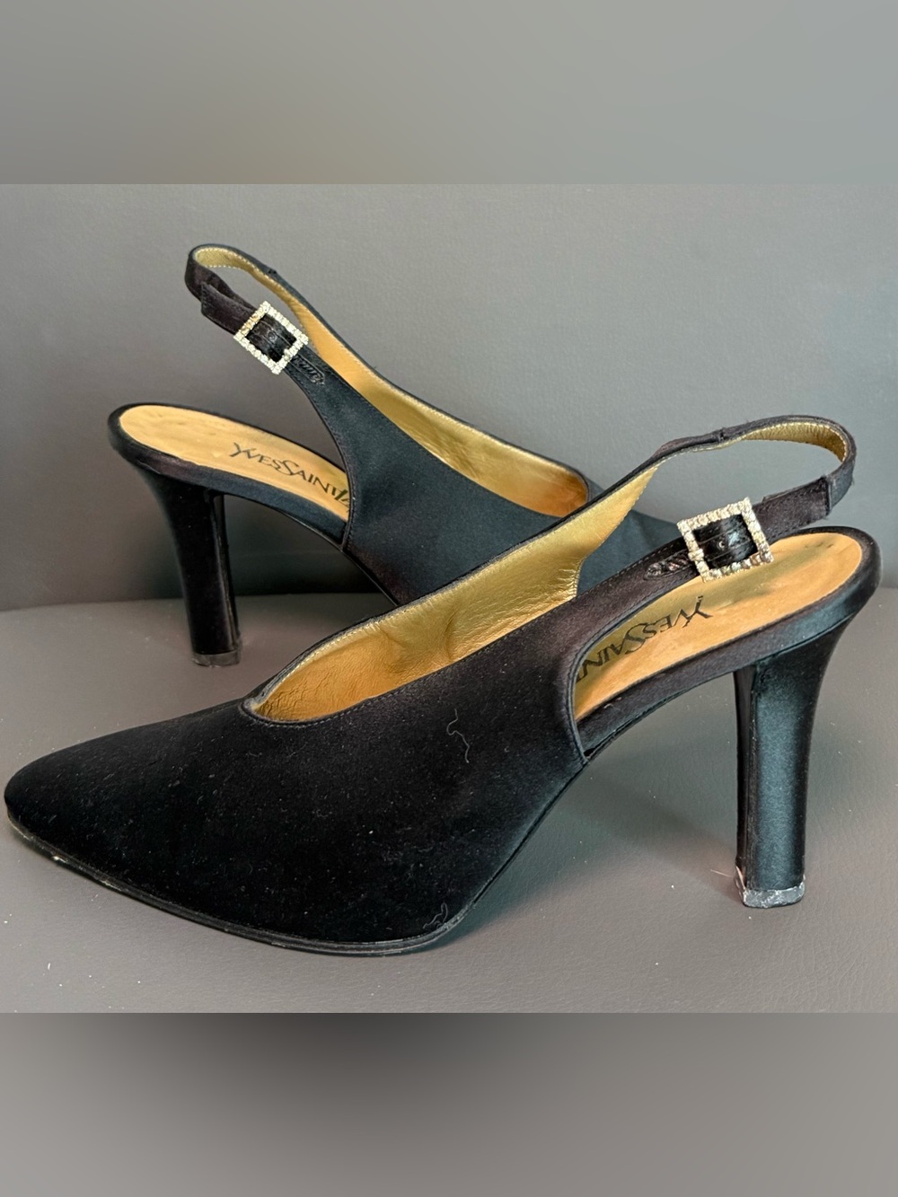 Yves Saint Laurent Vintage Black Satin Slingback Heels Rhinestone Buckle 7M